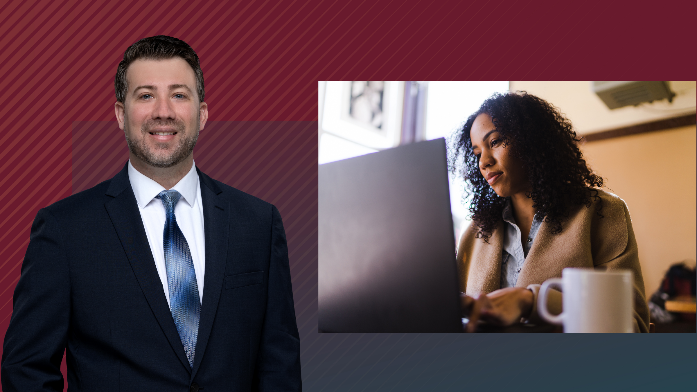 Headshot of Justin Clark with photo of a woman at a laptop on a colorful background.